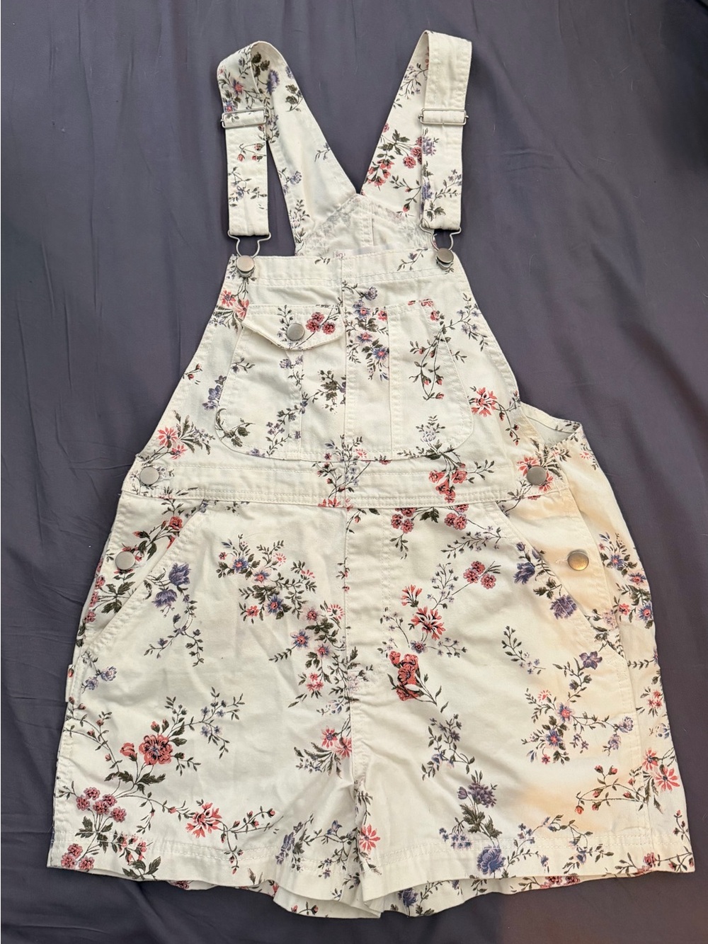 No Boundaries Cream Floral Short Overalls with Pink Roses